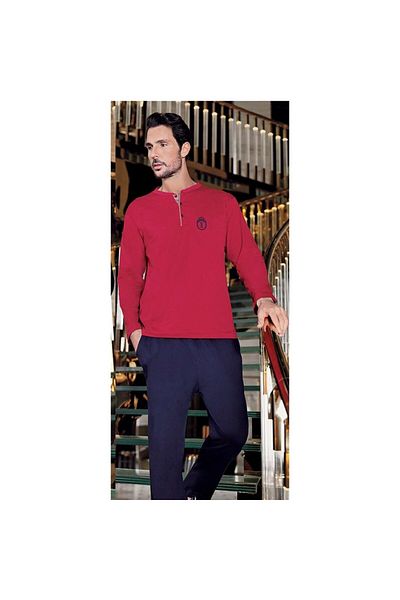 İmaj Image 8490 Men's Double Combed Cotton Pajama Set - Claret Red