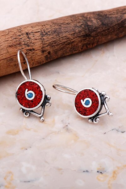 Sümer Telkari Antik Mozaik Işlemeli Mercan Taşlı Gümüş Küpe 6067