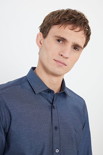 ALTINYILDIZ CLASSICS Men's Navy Blue 100% Cotton Slim Fit Slim Fit Classic Lapel Dobby Shirt