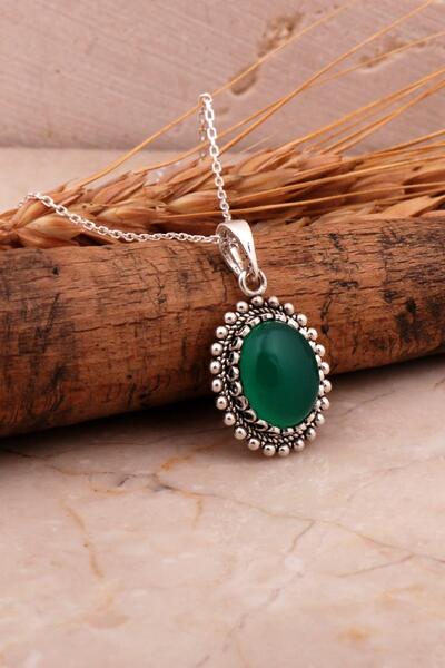 Sümer Telkari Yeşil Akik Taşlı Telkari Elişi Oval Gümüş Kolye 7973