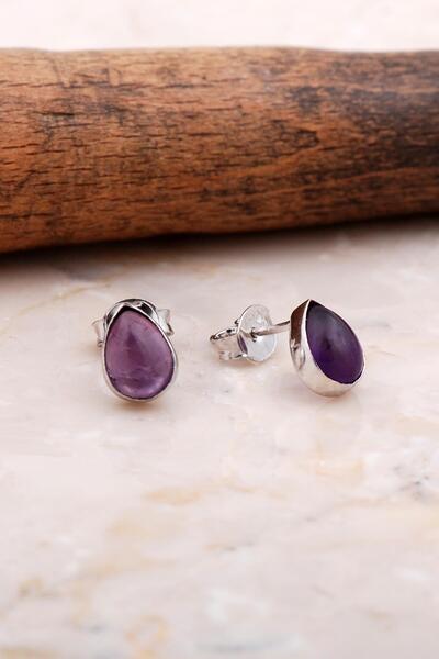 Sümer Telkari Doğal Ametist Taşlı Damla Mini Rodyumlu Gümüş Küpe 5832