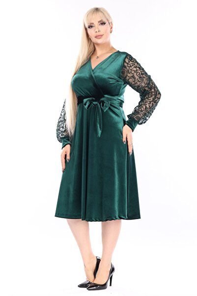 modayız Βελούδινο φόρεμα με διπλό γιακά μεγάλου μεγέθους 42A-2461