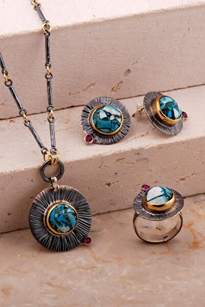 Sümer Telkari Turkuaz Taşlı Çekiç Dövme Elişi Tasarım Gümüş Set 2787