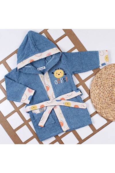 bebegen Erkek Çocuk Mavi Emoji Desenli Ops Bornoz