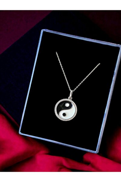 Yin Yang Sembolü Beyaz Taşlı Tasarım 925 Ayar Gümüş Kolye