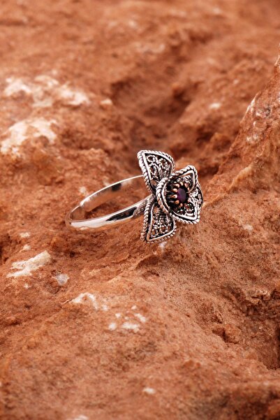 Sümer Telkari Kök Yakut Taşlı Açelya Çiçeği Telkari İşlemeli Gümüş Yüzük 5820