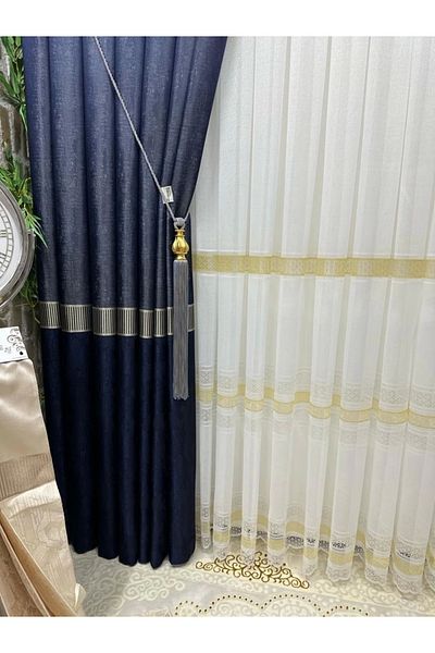 NİVEMESHOME Nivemeshome Inci V-515 Dark Blue Background Curtain 1/3 Close Pleated Curtain Apm