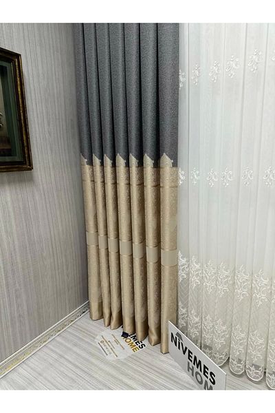 NİVEMESHOME Nivemeshome Gönen Dark Grey-cream671539 1/3 Close Pleated Background Curtain Apm