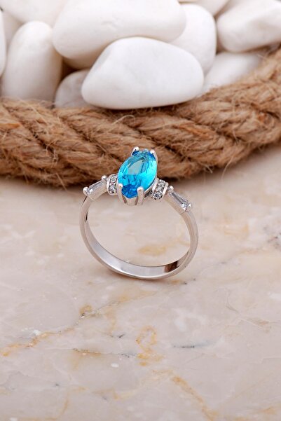 Sümer Telkari Akuamarin Taşlı Mekik Rodyumlu Gümüş Yüzük 3552