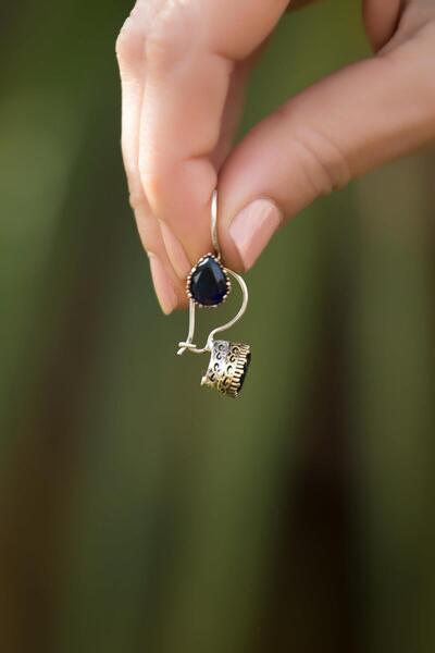 Sümer Telkari Safir Taşlı Elişi Damla Gümüş Küpe 4240