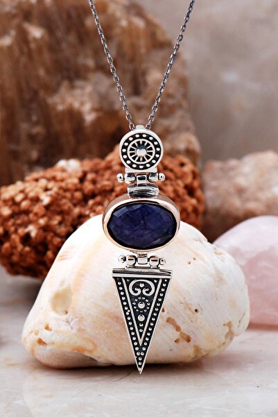 Sümer Telkari Safir Antik Tasarım Elişi Gümüş Kolye 7051