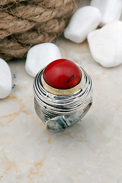 Sümer Telkari Mercan Taşlı Tel Sarma Elişi Gümüş Yüzük 3269