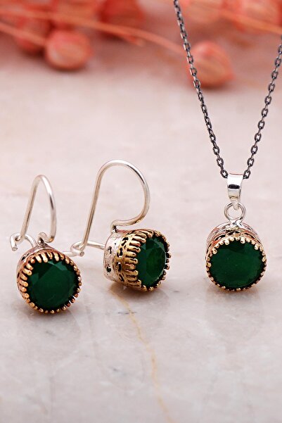 Sümer Telkari Kök Zümrüt Elişi Gümüş Ikili Set 2335