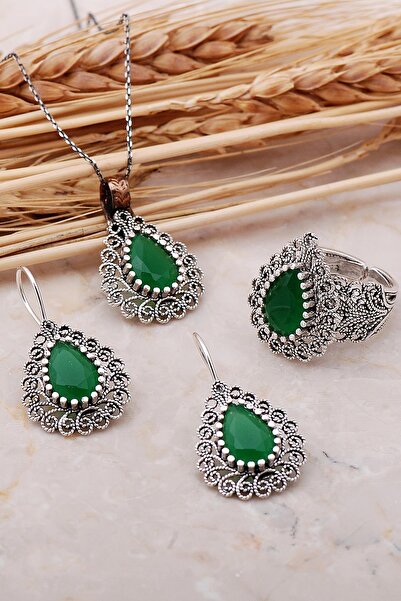 Sümer Telkari Kök Zümrüt Taşlı Telkari Elişi Damla Gümüş Set 2380