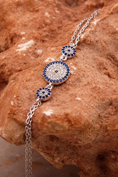 Sümer Telkari Nazar Boncuklu Üçlü Rodyumlu Gümüş Bileklik 4619