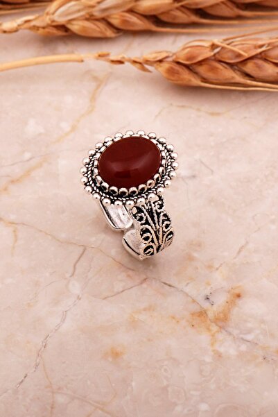 Sümer Telkari Akik Taşlı Telkari Elişi Oval Gümüş Yüzük 3752