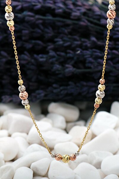 Sümer Telkari Dorissa Sıralı Altın Yaldız Rose Rodyumlu Gmüüş Kolye 7389