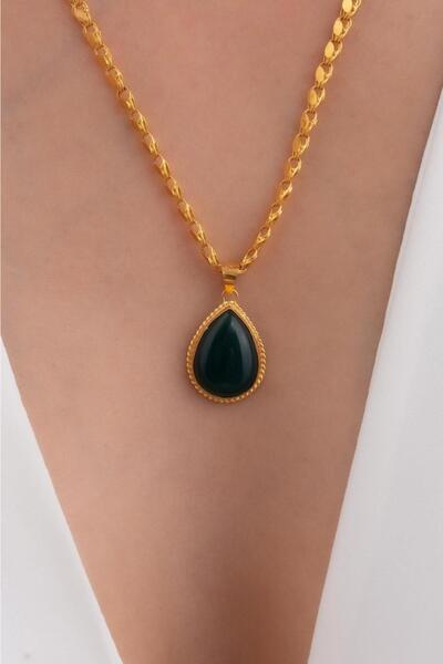 Bayar Gold 14 Ayar Altın Damla Yeşil Akik Halep Kolye