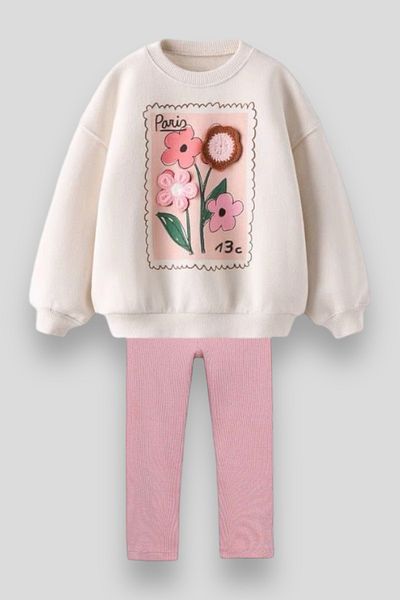 Magu Floral Applique Pattern Winter Sweatshirt Leggings Bottom-Top Set Girl's