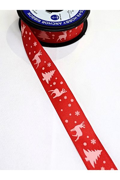 ATMACA TUHAFİYE 3 Meter Red Ribbon with Christmas Pattern - Deer Pattern