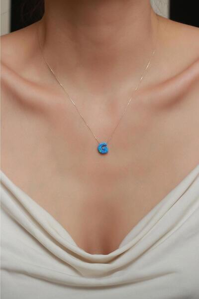 Bayar Gold 14 Ayar Altın Mavi Opal Taşlı G Harf Zincir Kolye