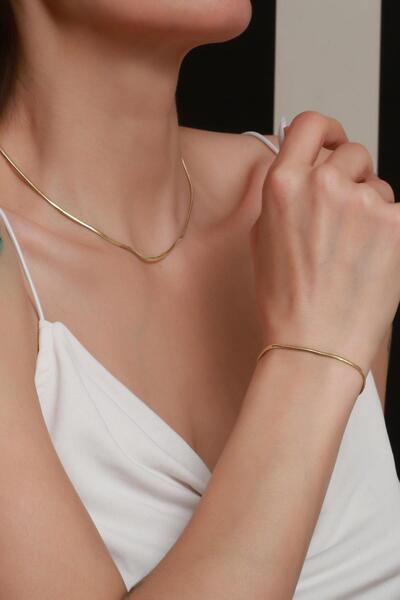 Bayar Gold 14 Ayar Altın Balık Sırtı Zincir Kolye ve Bileklik Seti