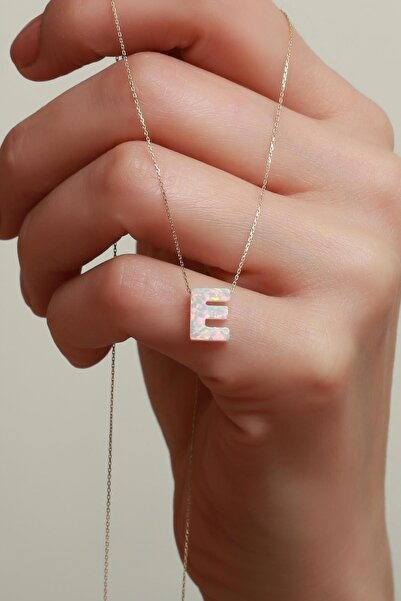 Bayar Gold 14 Ayar Altın E Harf Beyaz Opal Taşlı Kolye