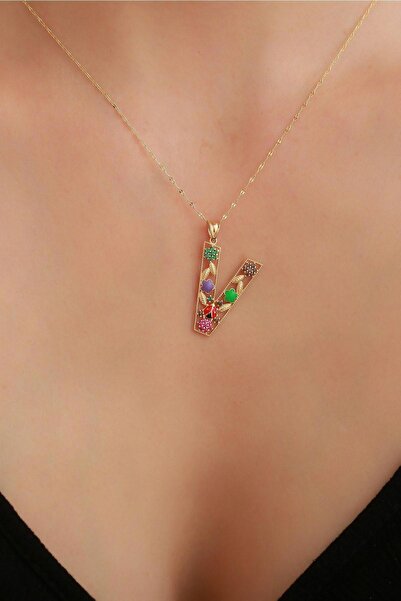 Bayar Gold 14 Ayar Altın V Harf Çiçek Kolye