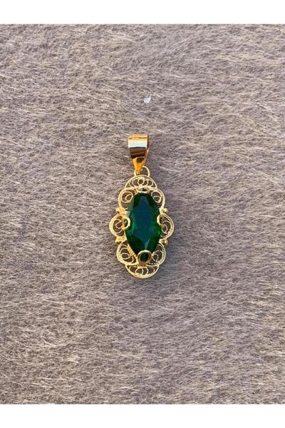 Bayar Gold 14 Ayar Altın Yeşil Taşlı Telkari Mekik Kolye Ucu