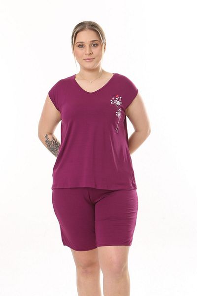 tarzımsüper Plus Size Cotton Pajamas Set with Shorts - 2-piece Claret Red Curve Set