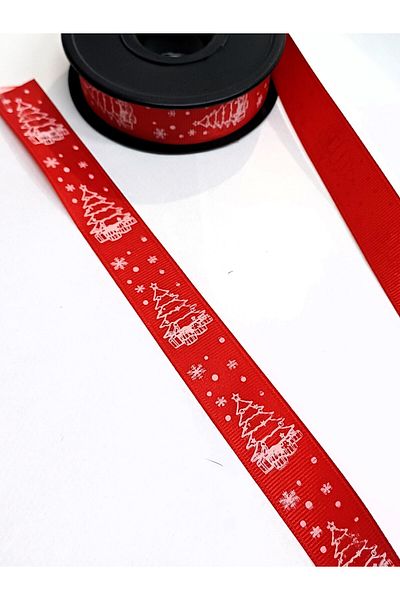 ATMACA TUHAFİYE 3 Meter Red Ribbon with Christmas Pattern - Tree Pattern