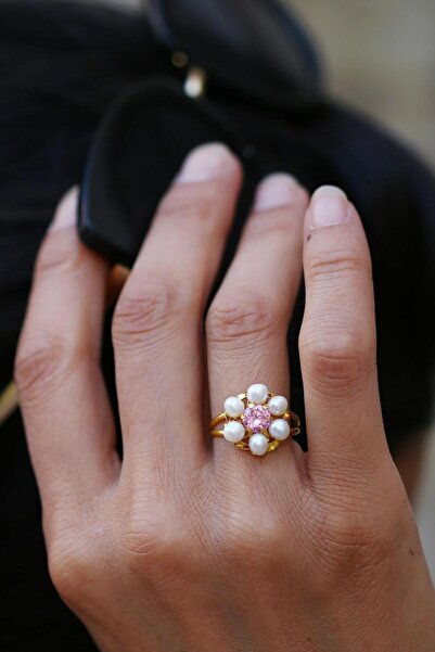 Bayar Gold 14 Ayar Altın Papatya İncili Pembe Yüzük