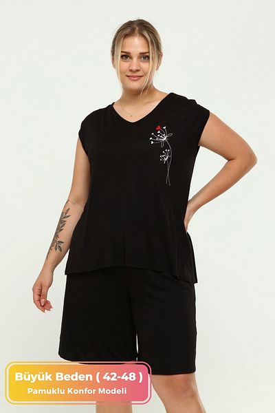 tarzımsüper Plus Size ComfortaBle Curve Shorts Pajama Set - Black