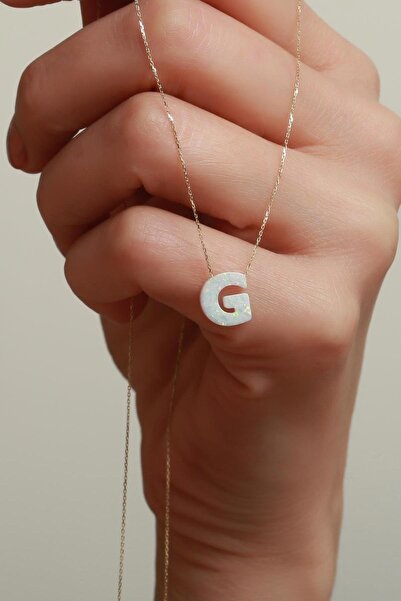 Bayar Gold 14 Ayar Altın G Harf Beyaz Opal Taşlı Kolye