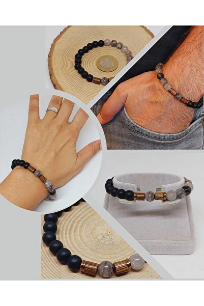 Yasamtohumu 8 мм унісекс рутил кварц і онікс браслет - модель Hawaii (54334)