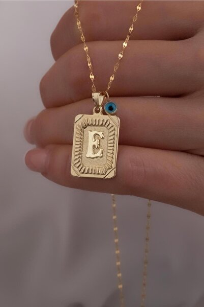 Bayar Gold 14 Ayar Altın Zincir Nostaljik E Harfli Dikdörtgen Kolye