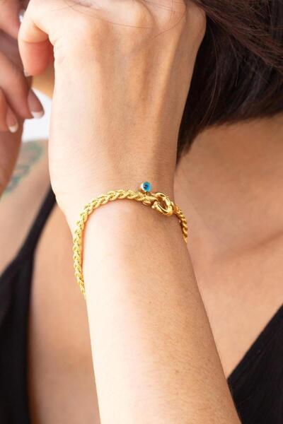 Bayar Gold 14 Ayar Altın Mavi Gözlü Çift Sıra Burgu Bileklik