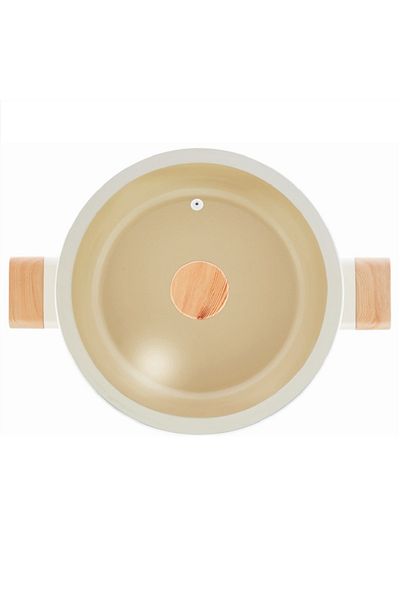 AVCI HOME MAKER Swiss Crystal 22cm Non-Stick Low Casserole - Glass lid with silicone edge, wood handle & knob, beige