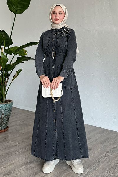 InStyle Μαύρο τζιν φόρεμα με ζώνη με χάντρες