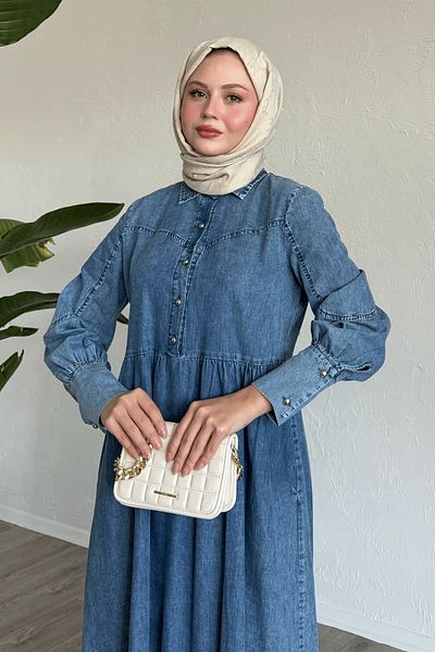 InStyle Rochie albastră din denim cu nasturi și manșete