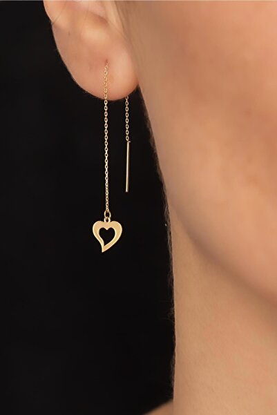 Bayar Gold 14 Ayar Altın Kalp Çerçeveli Zincir Küpe