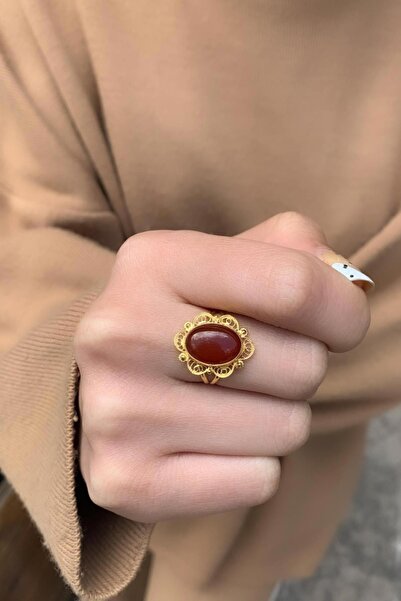 Bayar Gold 14 Ayar Altın Elips Akik Telkari Yüzük