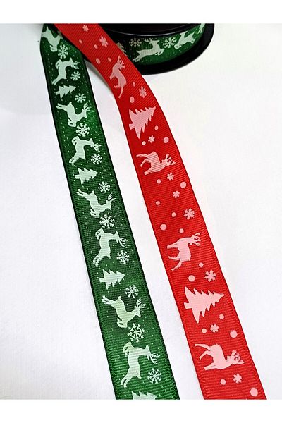 ATMACA TUHAFİYE 3 Meter New Year's Patterned Ribbon - Green and Red Deer Patterned