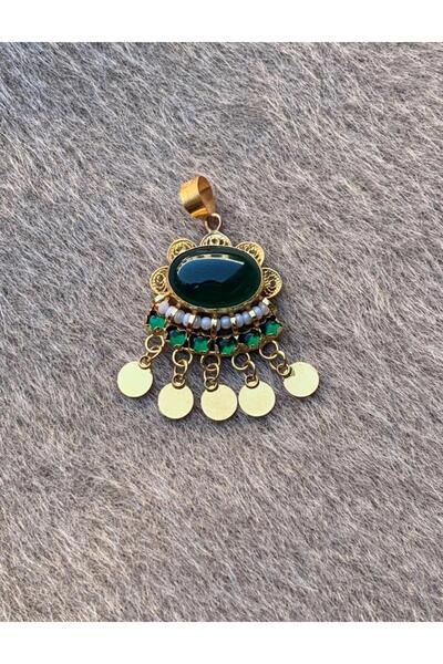 Bayar Gold 14 Ayar Altın Pul Sallantılı Yeşil Akik Taşlı El İşi Kolye Ucu