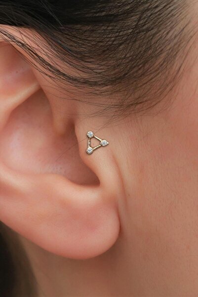 Bayar Gold 14 Ayar Altın Beyaz Taşlı Üçgen Tragus Piercing
