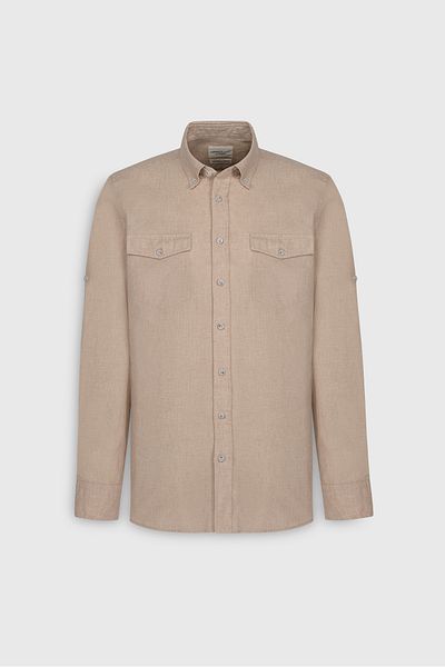 ALTINYILDIZ CLASSICS Ανδρικό πουκάμισο Oxford 100% βαμβακερό γιακά με κουμπιά σε μπεζ λεπτή εφαρμογή