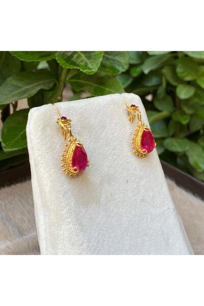 Bayar Gold 14 Ayar Altın Kırmızı Damla Küpe