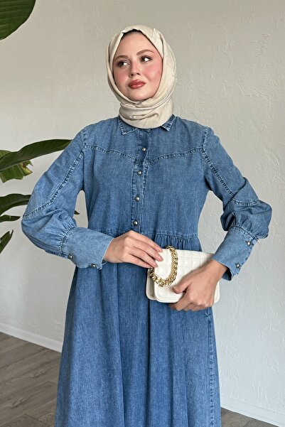 InStyle Boncuk Düğmeli Manşetli Mavi Kot Elbise