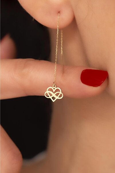 Bayar Gold 14 Ayar Altın İç İçe Sonsuzluk Kalp Zincir Küpe