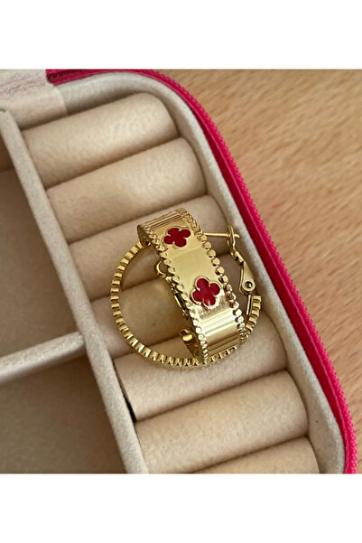 Gül Accessory Kadın Gold Renk Yonca Desenli Yüksek Kalite Çelik Halka Küpe